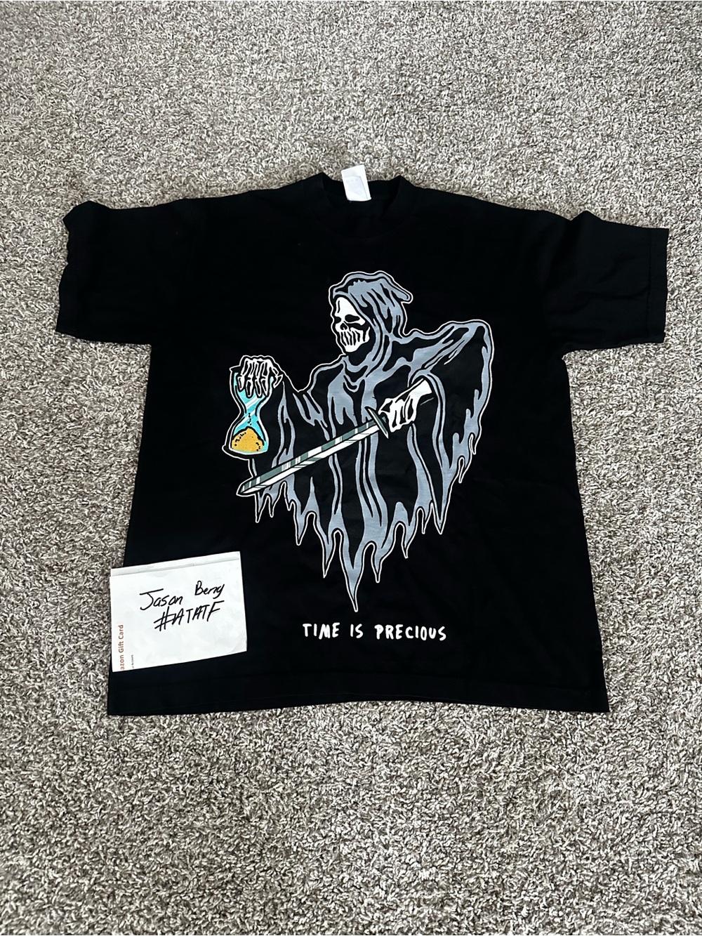 Warren Lotas Graphic 'Time Is Precious' Black Tee with Grim Reaper Hourglass